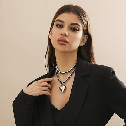 Leather and Chain Double-Layered Heart Necklace
